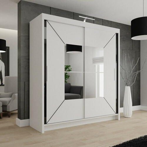 (180cm, White) Nicole Double Mirror Sliding Door Wardrobe