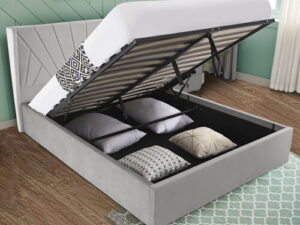 (4ft6 Double, Light Grey) Velvet Ottoman Bed Frame With Storage