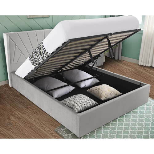 (4ft6 Double, Light Grey) Velvet Ottoman Bed Frame With Storage
