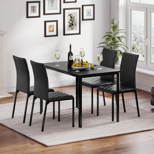(Black Table & 4 Black Chair) Dining Table and Chairs Set of 4, Modern Dining Table Set Kitchen Furniture, Marble Effect Dining Table