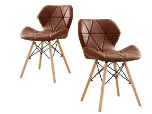 (Brown) Eiffel Dining Chairs Wooden Legs Faux Leather Padded Chair