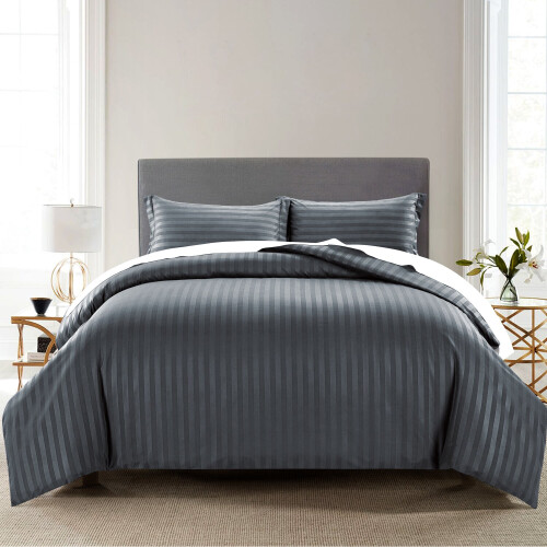 (Charcoal, King) Stripe Duvet Cover Set Bed Quilt & Pillowcase Pair
