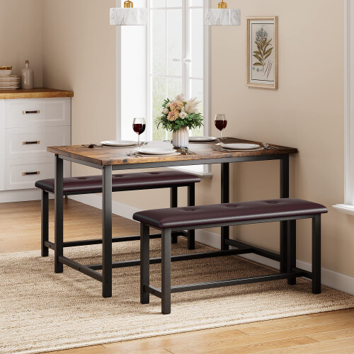 Dining Table and Chair Set of 4 with 2 Bench 3 Piece Dining Table Sets