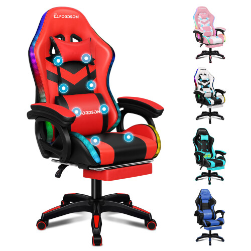 (ED Marc - Black & Red) ELFORDSON Gaming Office Chair 12 RGB LED Massage Footrest