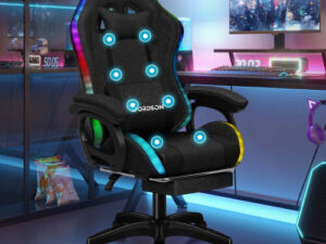ELFORDSON Gaming Office Chair 12 RGB LED Massage Footrest Fabric Black