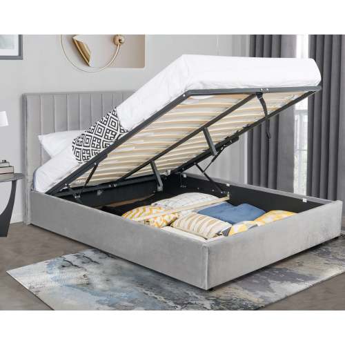 ((Light Grey, Small Double)) Ottoman Bed Storage Bed Frame Gas Lift Velvet Fabric