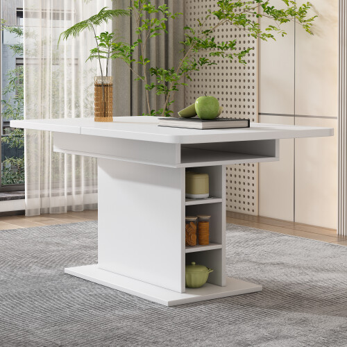 (White) Extendable Space-saving Dining Table with Storage