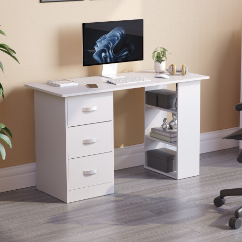 (White) Mason 3 Drawer Shelf Computer Desk PC Office Study